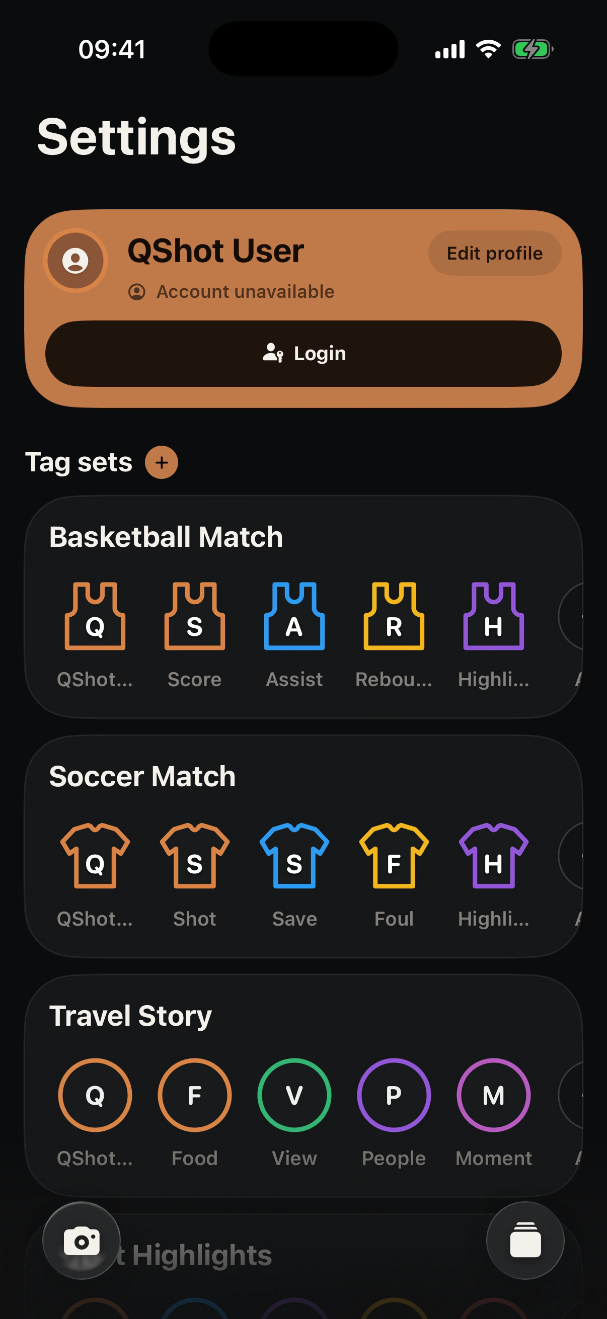 QShot settings screen showing localized reusable Tag Sets