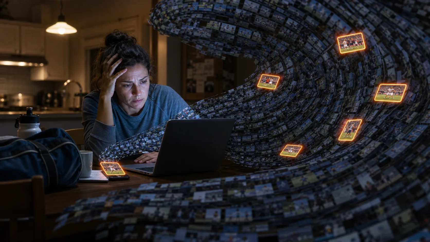 QShot footage-overload pain point: an exhausted creator surrounded by a flood of video thumbnails