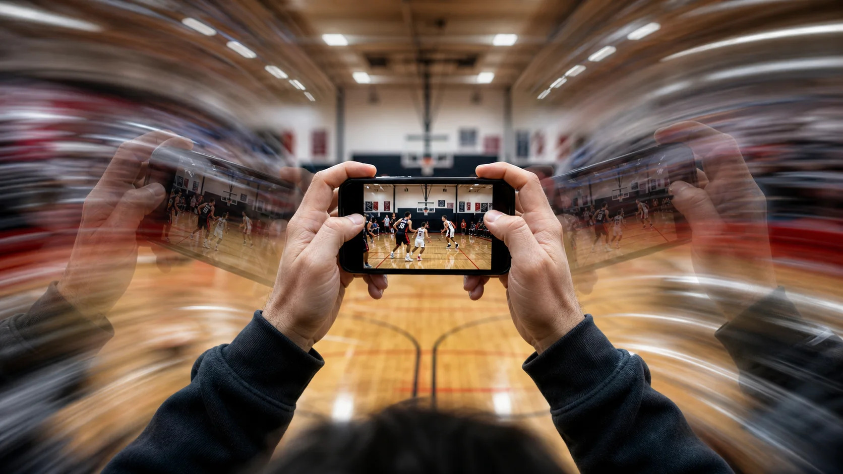QShot camera-shake pain point: an exaggerated double exposure of a phone whipping across a basketball game
