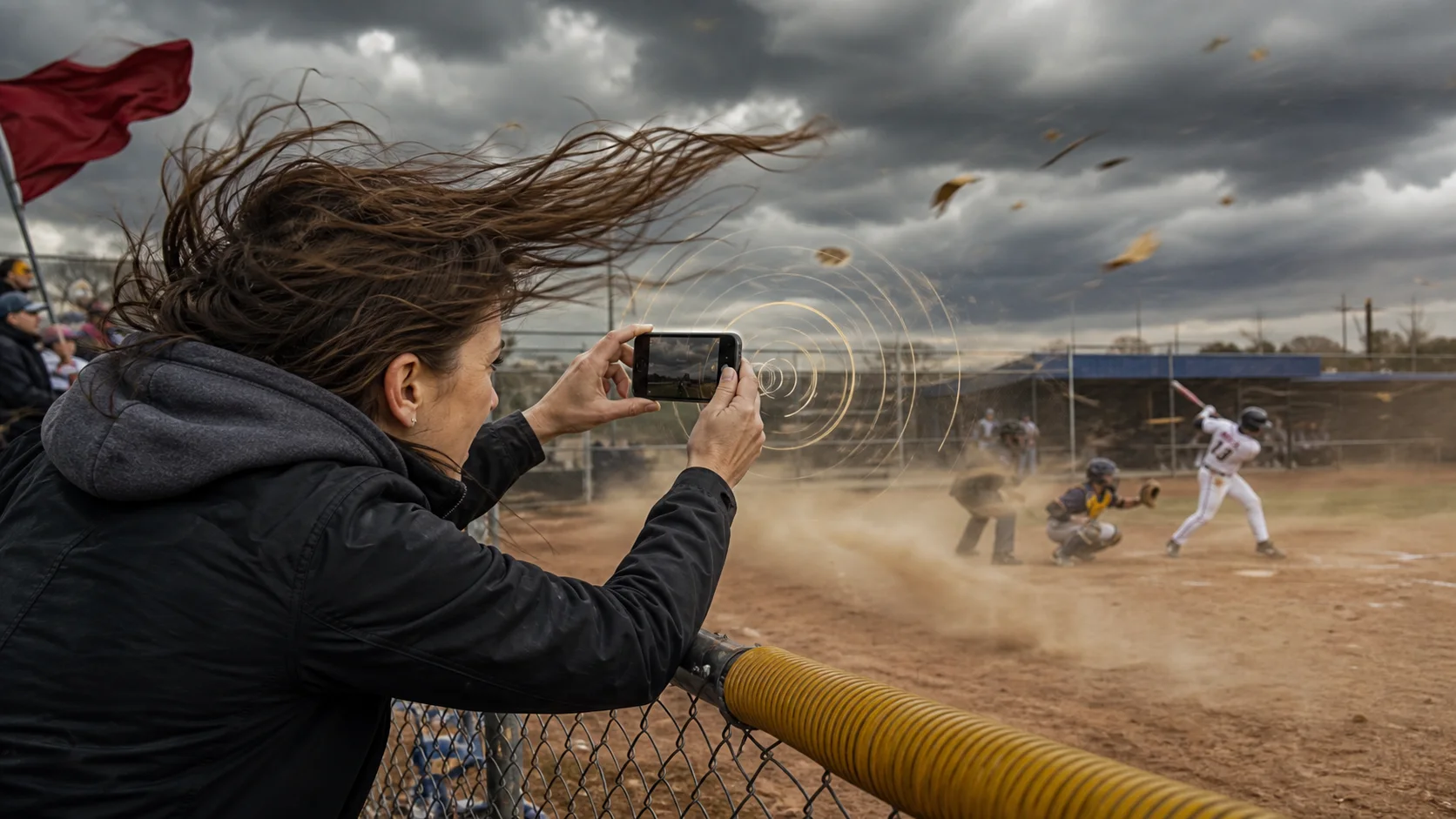 QShot audio pain point: powerful wind and visible sound ripples overwhelm a phone at a baseball game