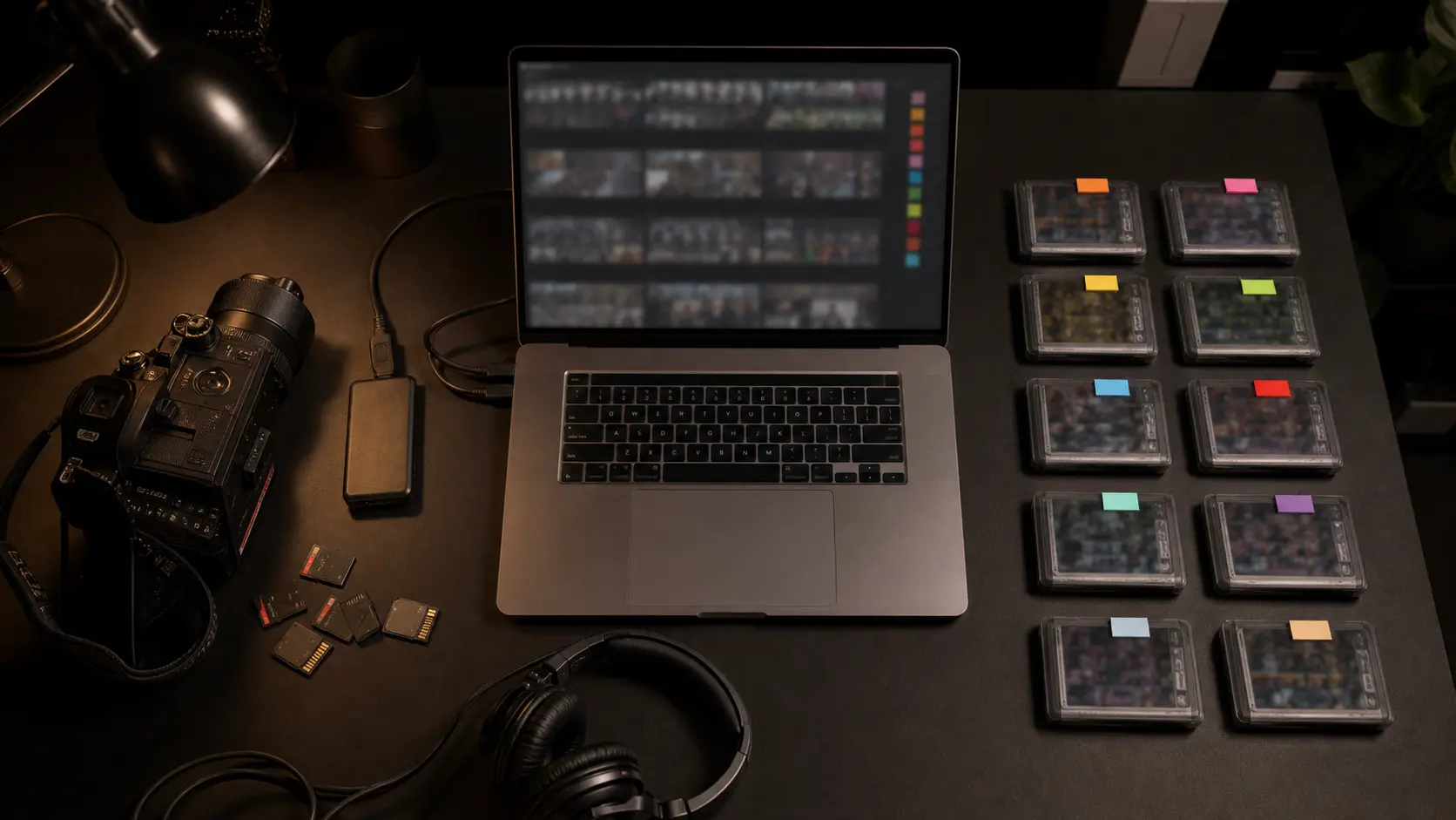 QShot Studio workflow concept: Alex's camera footage is organized into 10 color-coded player selections on a Mac
