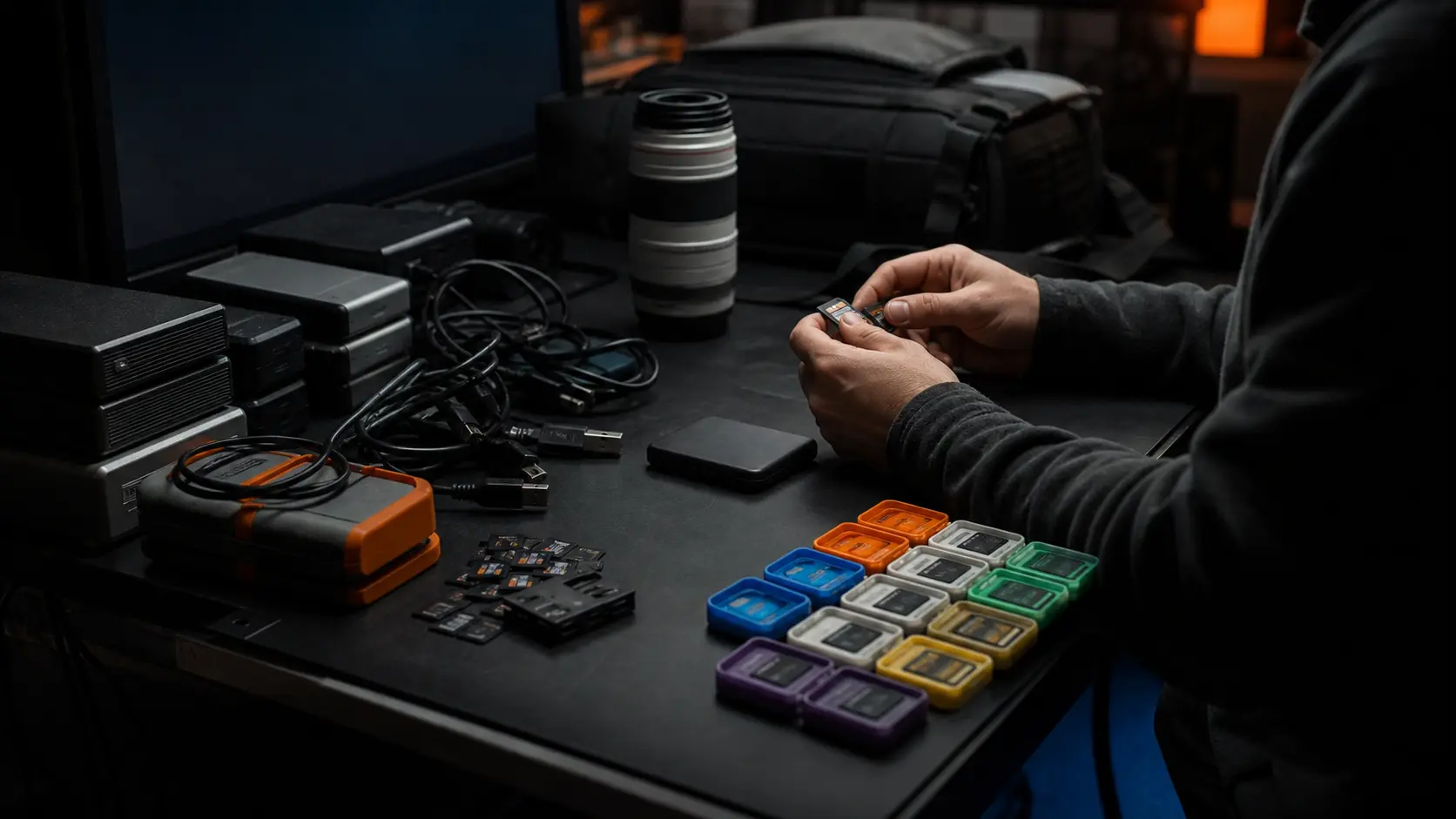 QShot storage workflow concept: Alex checks camera cards and organized player media before manually clearing unneeded footage