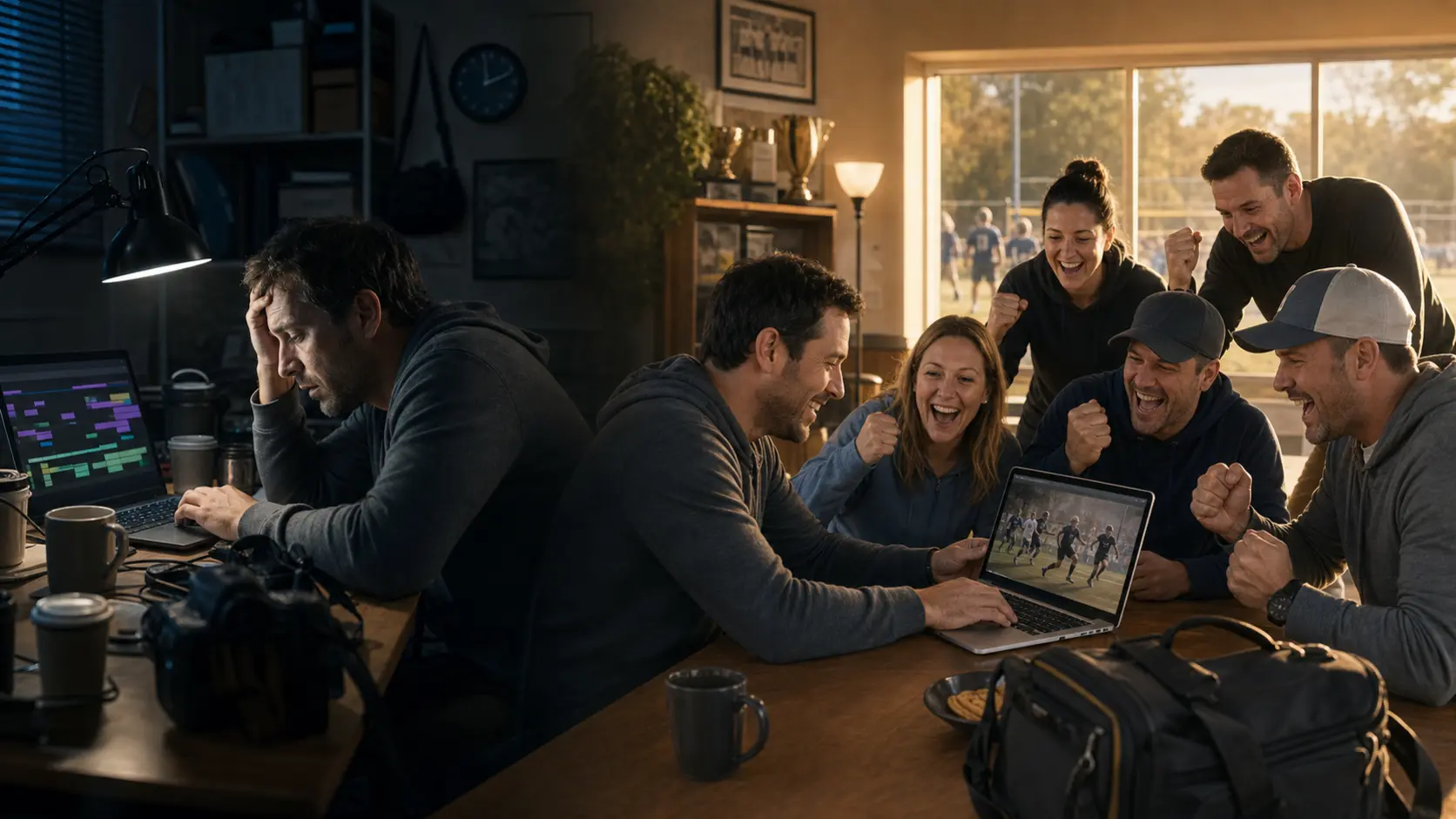 QShot Studio beta workflow: Jimmy moves from an all-night edit to quickly finishing and sharing team highlights